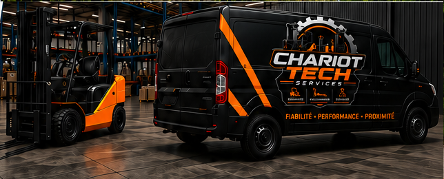 Atelier Chariot Tech Services avec chariot élévateur et véhicule d'intervention